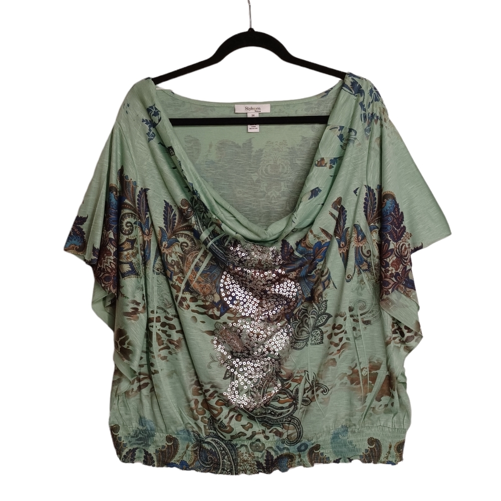STYLE & CO Green Colorful Paisley Floral Metallic Print Cowl Neck Top 3X
